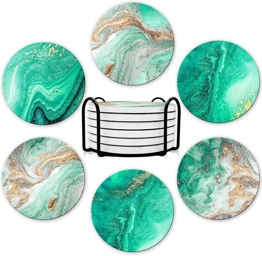 Dooke Coasters for Drinks,Round Absorbent Ceramic Stone Coasters Set of 6 with Cork Base,Funny Drink Coasters with Holder for Cold Drinks Wine Cups Tabletop Protection,4 Inches,Turquoise Green Marble