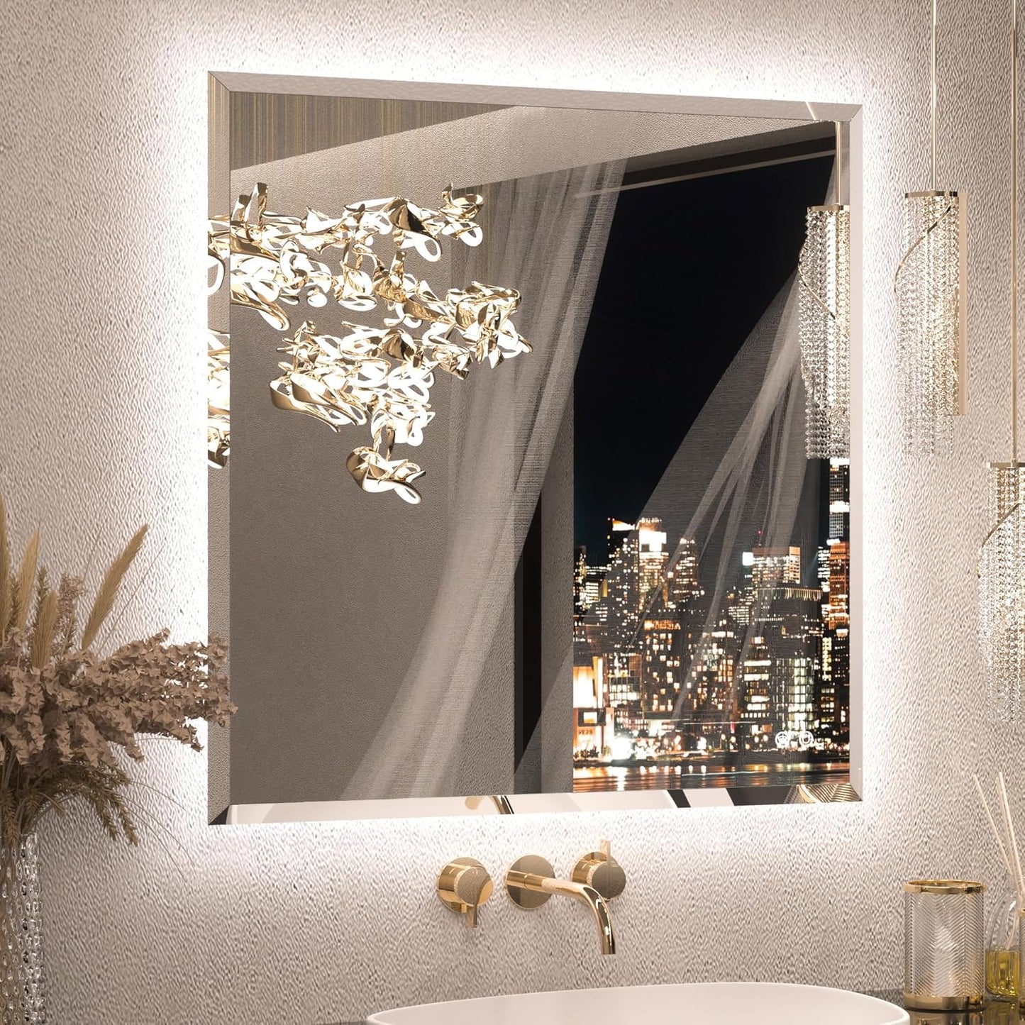 Keonjinn 36 x 36 Inch Square LED Mirror with Backlight, Backlit Bathroom Mirror Beveled Edge, HD Tempered Glass, UL-Listed LED Driver, 3 Color Lights, Safe Defogging, Dimmable, Decorative Mirror