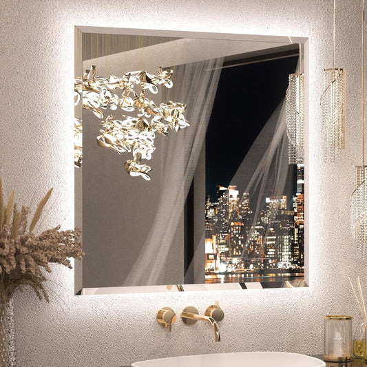 Keonjinn 36 x 36 Inch Square LED Mirror with Backlight, Backlit Bathroom Mirror Beveled Edge, HD Tempered Glass, UL-Listed LED Driver, 3 Color Lights, Safe Defogging, Dimmable, Decorative Mirror