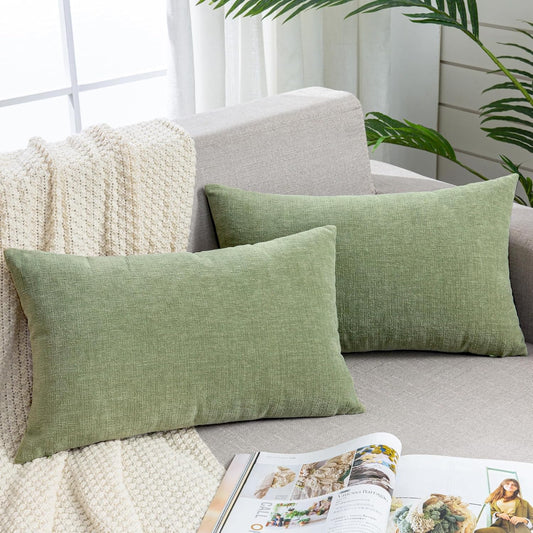 GAWAMAY Lumbar Decorative Rectangle Throw Pillow Covers 12"x20" Inch Set of 2, Super Soft Chenille Throw Pillowcase for Sofa Living Room Bedroom Couch Cushion Cover Sage Green 30x50cm (ONLY Covers)