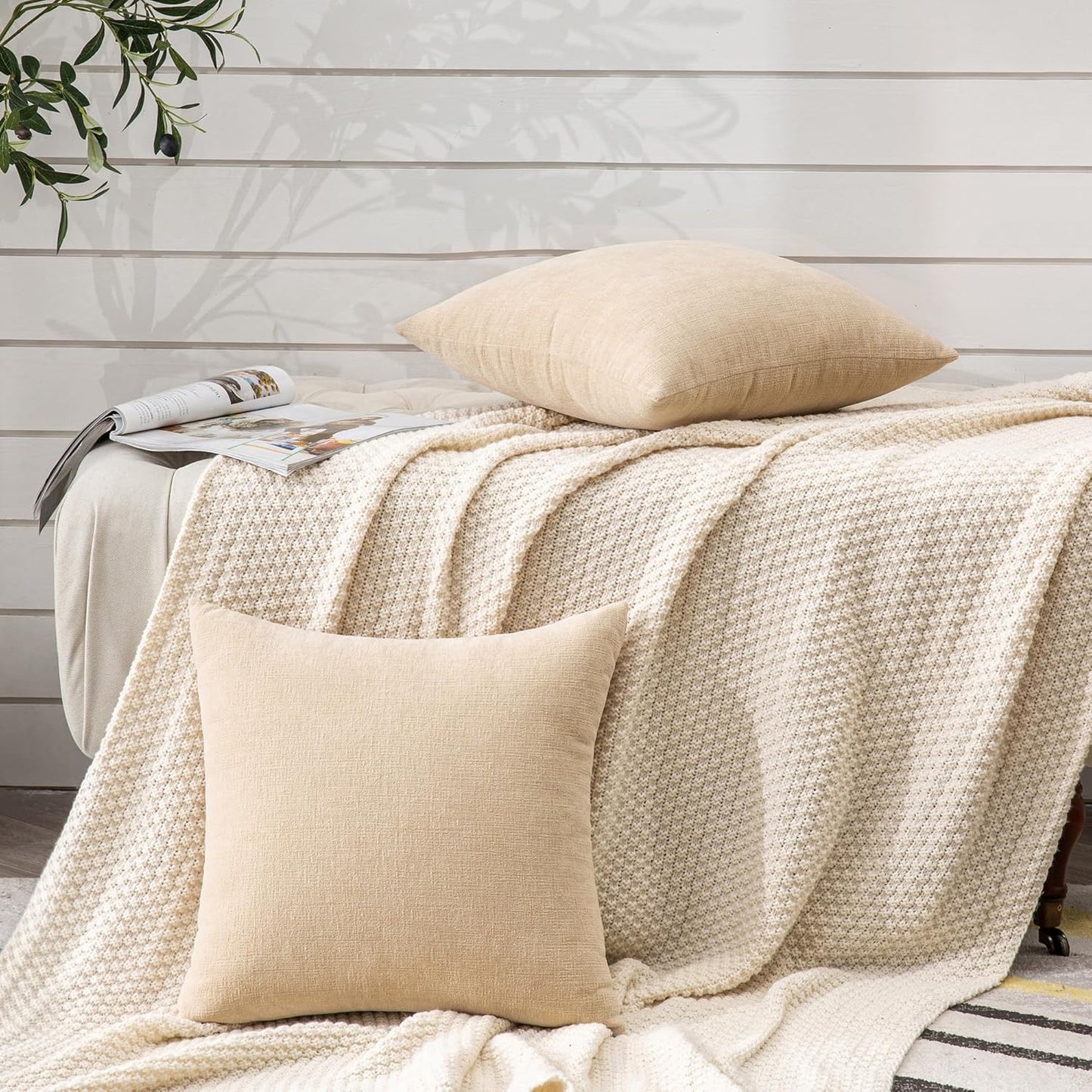 GAWAMAY Decorative Throw Pillow Covers 16x16 Inch Set of 2, Super Soft Chenille Square Pillows Farmhouse Fall Pillowcase for Living Room Bedroom Sofa Couch Cushion Cover Beige 40x40cm (No Insert)