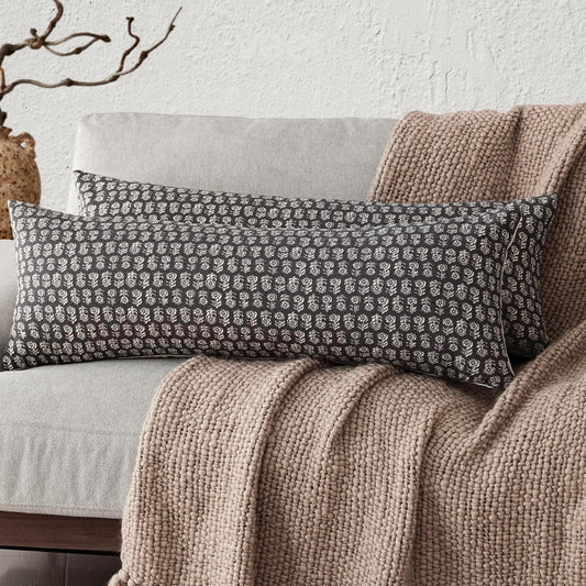 Foindtower Set of 2 Decorative Neutral Body Lumbar Throw Pillow Covers Vintage Accent Farmhouse Cushion Covers Boho Floral Home Decor for Sofa Couch Chair Bedroom Living Room,14×36 Inch,Black