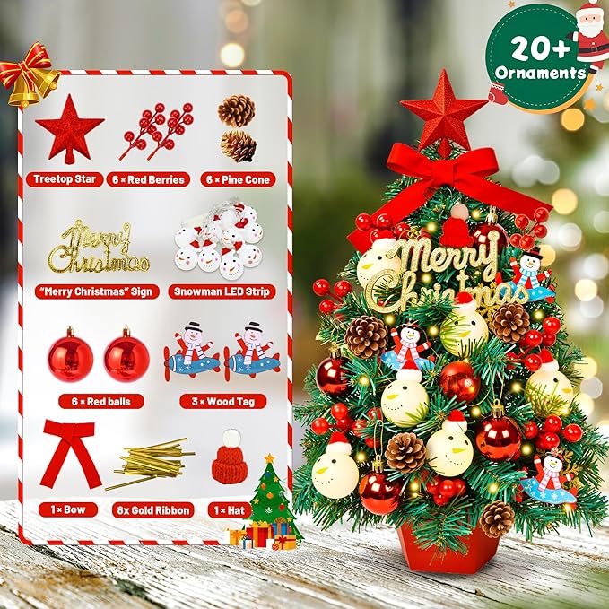2FT Tabletop Mini Christmas Tree, 24 Inch Small Artificial Christmas Tree with Warm LED Lights, Star Treetop, DIY Ornaments, New Xmas Pine Tree Decoration for Kid Friend Family Holiday Home Office