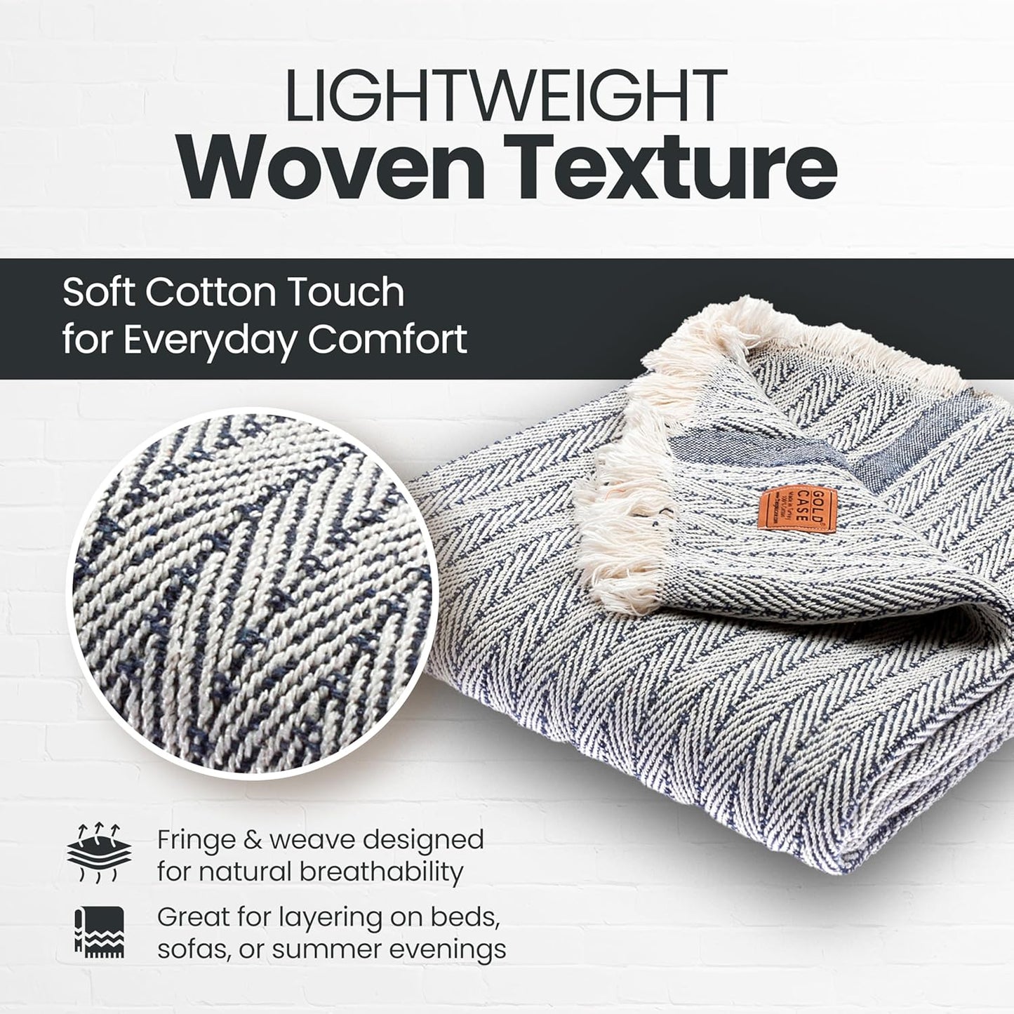 Gold Case Throw Blanket for Couch - 100% Recycled Turkish Cotton Blankets & Throws - Vintage Soft Throw Blankets for Living Room - Boho Decorative Woven Couch Blanket - 50x60 - Navy Blue