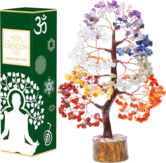 Crocon Seven Chakra Gemstone Tree Copper Wire Feng Shui Money Bonsai Good Luck Chakra Healing Crystals Home Decoration Ornament Figurine Wealth Prosperity Gift Size: 10-12"""