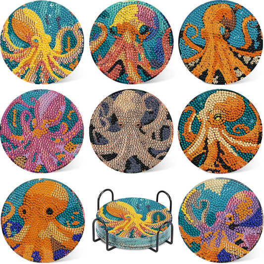 Leatrice 8 Pcs Octopus Diamond Art Coasters Small Diamond Painting Kits for Adults Beginners Women, Gem Art Coasters with Holder, Funny DIY Crafts for Home Decor