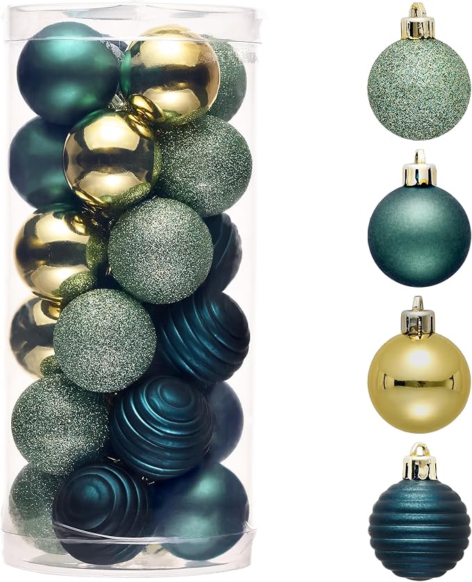 Valery Madelyn 1.57 Inches Small Christmas Tree Decorations Ornament Set for Fall Halloween, 24ct Teal Green and Gold Shatterproof Hanging Ball Ornaments Holiday Party Decor