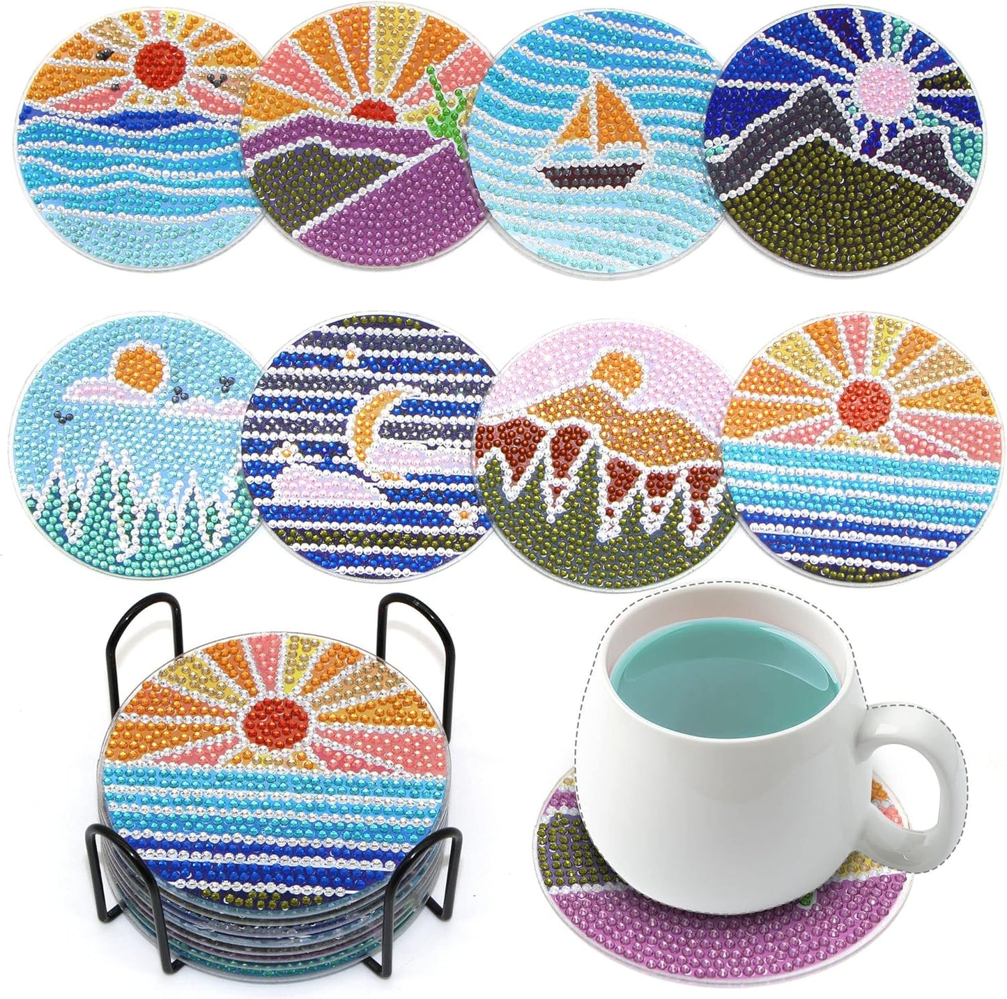 Diamond Art Coasters Kit with Holder, 8 Pcs Diamond Art Coasters for Adults Kids Beginners Crafts Gifts (Sun-Moon)