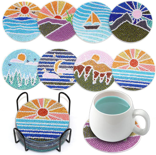 Diamond Art Coasters Kit with Holder, 8 Pcs Diamond Art Coasters for Adults Kids Beginners Crafts Gifts (Sun-Moon)