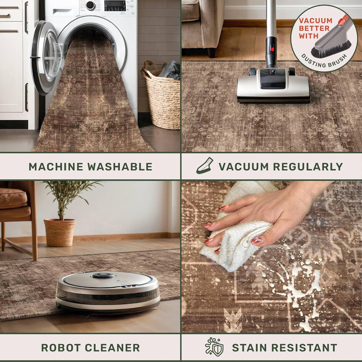 Gold Brown 8x12 Big Rugs for Living Room - Non Slip Washable Vintage Area Rug for Dining Room Under Table, Geometric Floral & Low Pile Boho Bedroom Decor