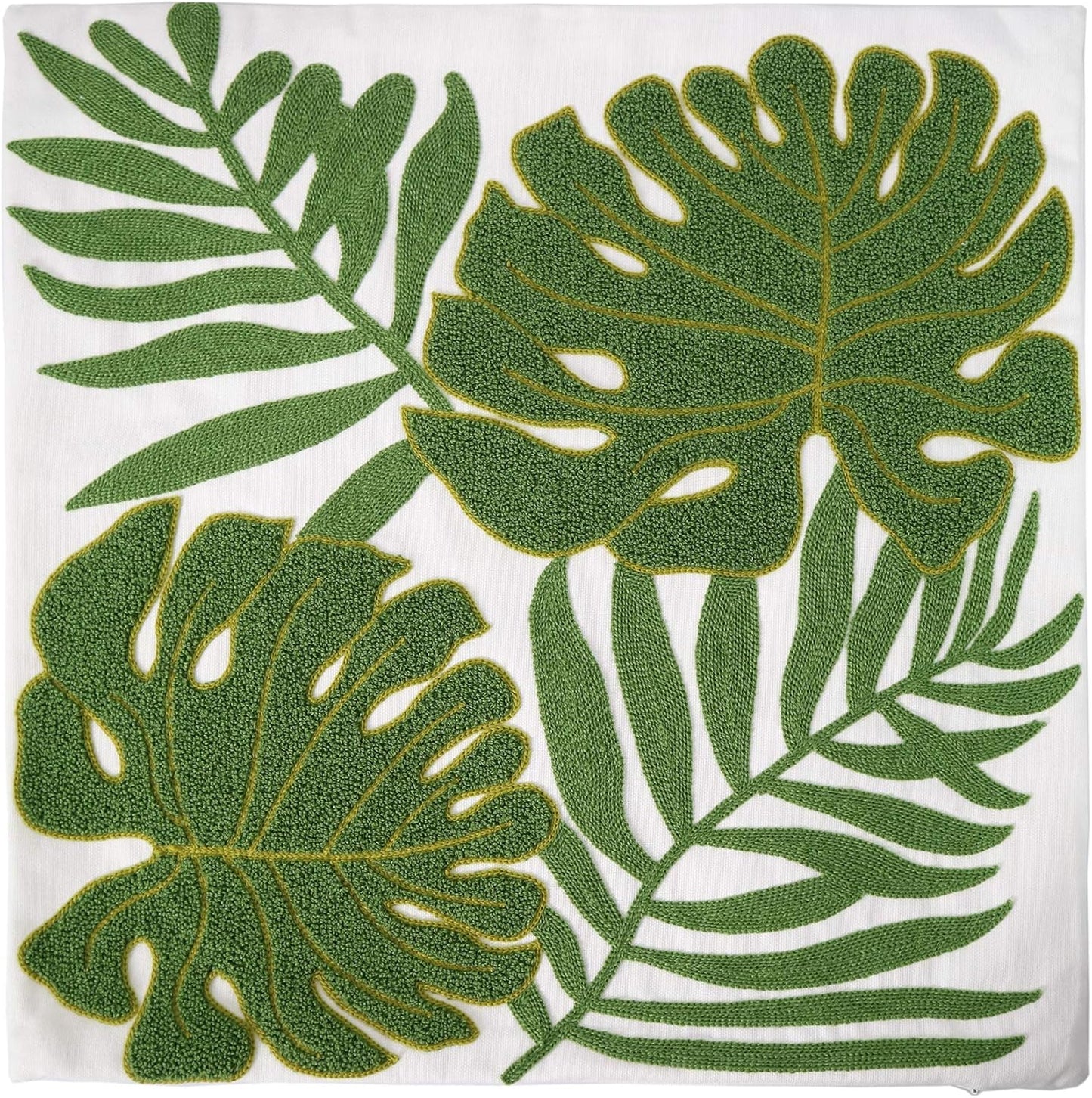 Embroidery Throw Pillow Covers 18x18 Home Decor Loop Tropical Green Leave Floor Pillow Cover for Couch 100% Cotton Canvas Cushion Cover Pillow Case Plant Monstera Leaf 45x45, 1 Piece