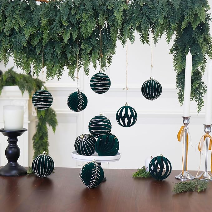 4inch Velvet Ornaments for Christmas Tree, 9PCS Glitter Flocked Christmas Ornaments Decorations Balls Set Decor Green