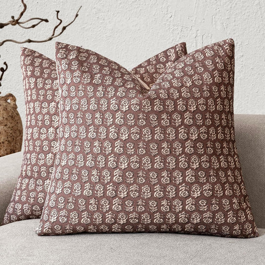 Foindtower Set of 2 Decorative Vintage Floral Print Throw Pillow Covers Neutral Modern Farmhouse Cushion Covers Boho Home Decor for Sofa Chair Couch Bedroom Living Room,18×18 Inch,Wine Red