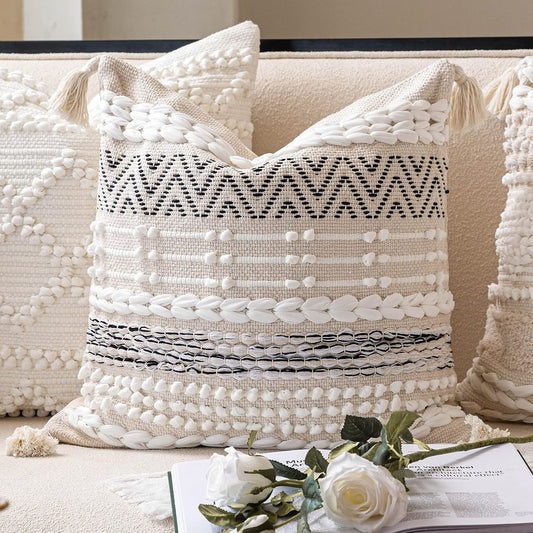 BlissBlush Cream White Boho Throw Pillow Cover 20X20, Decorative Neutral Accent Pillow for Couch, Square Woven Textured Pillowcase, Modern Boho Pillow for Bed, Bohemian Pillow Cover (Pack of 1)