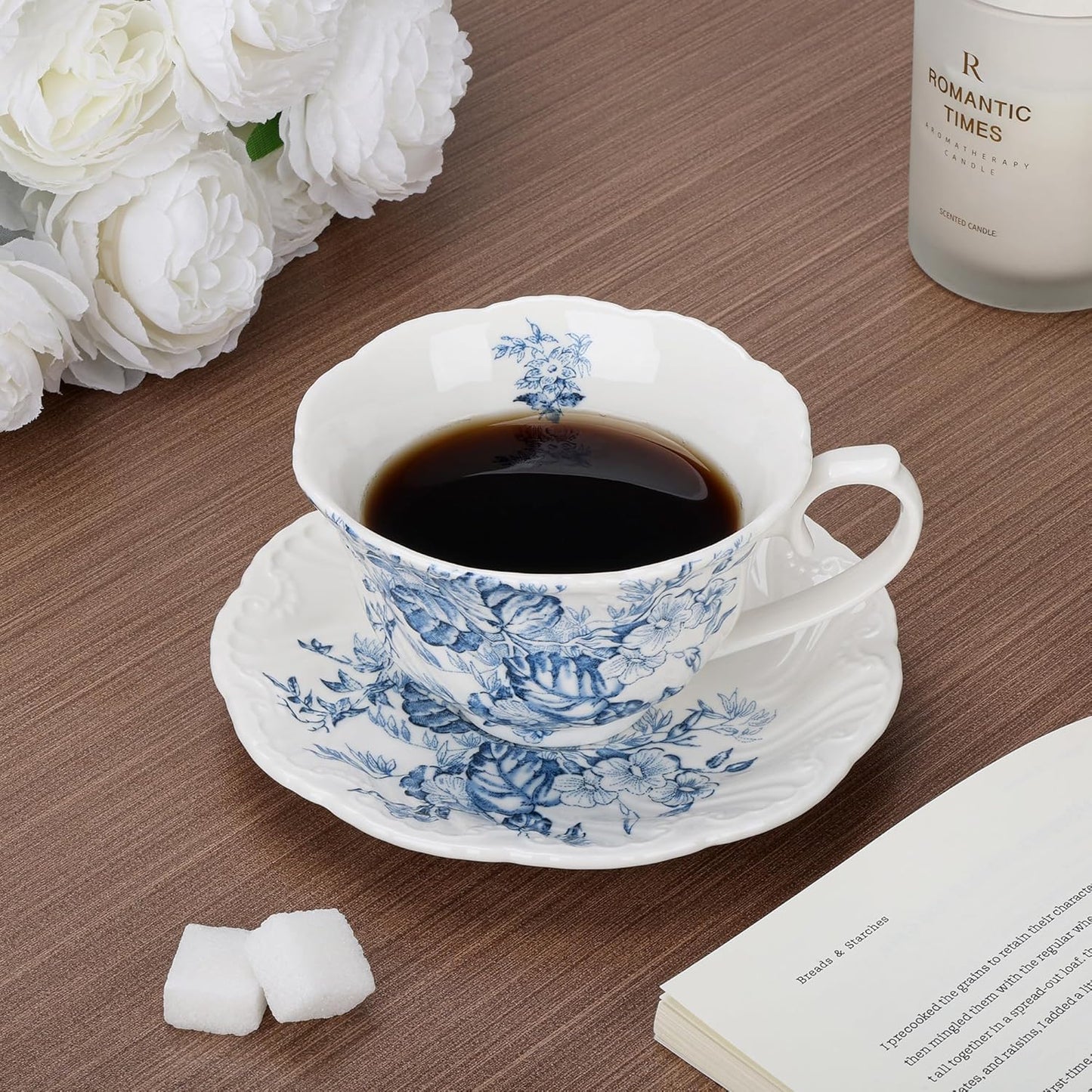 fanquare 8 Ounce Blue and White Tea Cup and Saucer Set, Relief Porcelain Coffee Cup with Ruffled Rim, Vintage Teacups for Women and Tea Parties