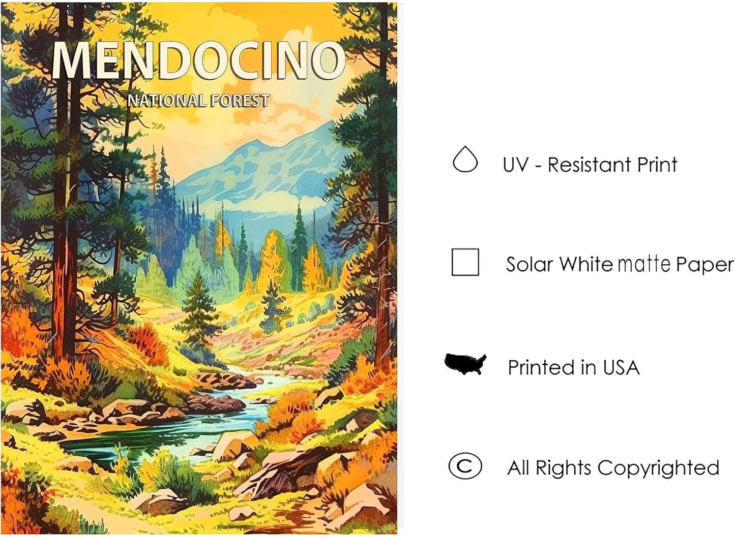 Mendocino National Forest Poster Art Print Retro Mountain Wall Art Poster Vintage Decor Nature Recreation Wilderness Wildlife Decoration, Outdoor Adventure Scenic Beauty Artwork. (Mendocino National