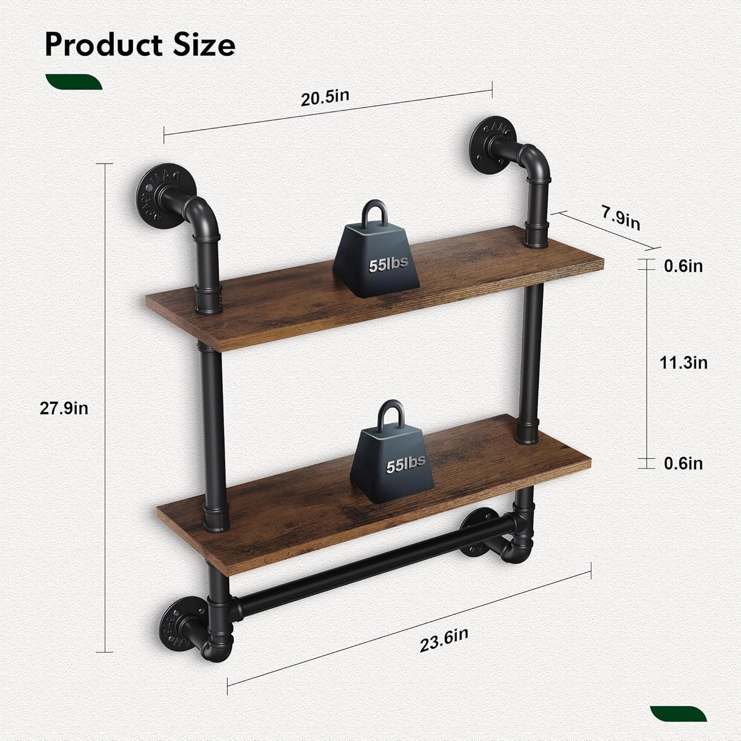 Merapi 24" Industrial Floating Shelves with Tower Bar, Pipe Shelves for Wall, 2 Tier Rustic Wood Wall Shelves for Home Décor, Bedroom, Living Room, Bathroom…