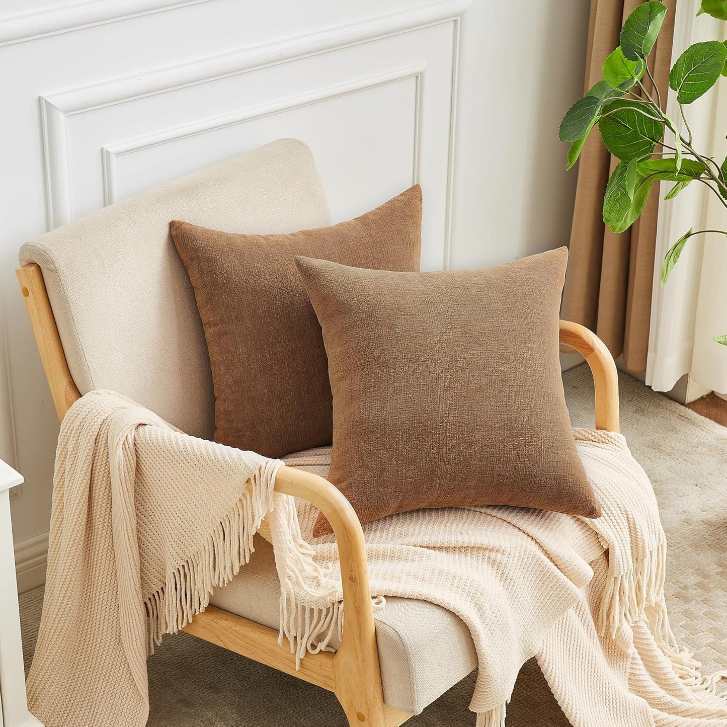 GAWAMAY Decorative Square 16x16 Inch Throw Pillow Covers Set of 2, Super Soft Chenille Pillows Farmhouse Fall Pillowcase for Living Room Bedroom Sofa Couch Cushion Cover Brown 40x40cm (No Inserts)