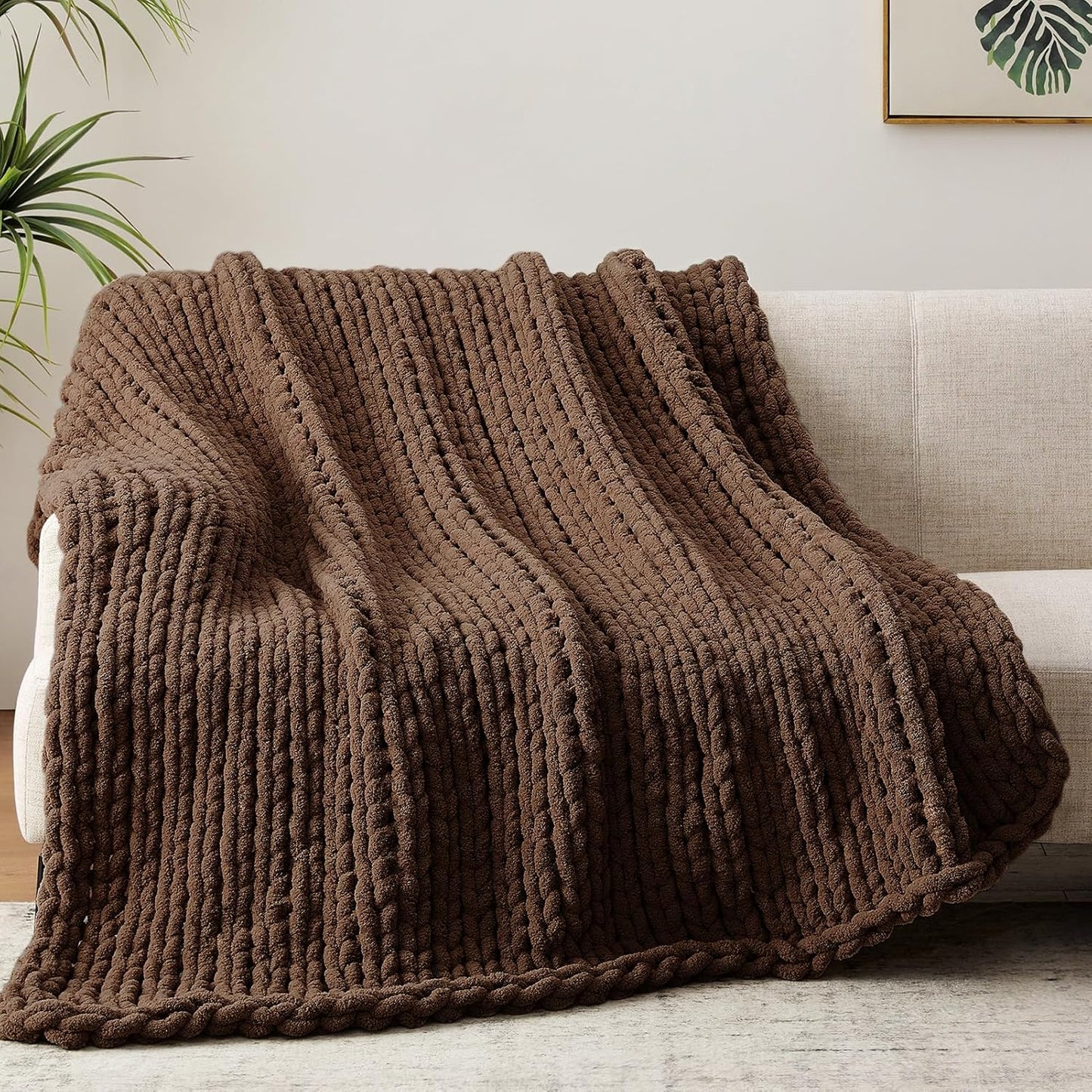 Chunky Knit Throw Blanket, 60''*80'' Knitted Throw Chenille Yarn for Bed Couch, Handmade Dark Brown Crochet Big Thick Blanket, Machine Washable Cute Comfy Blanket for Home Decor