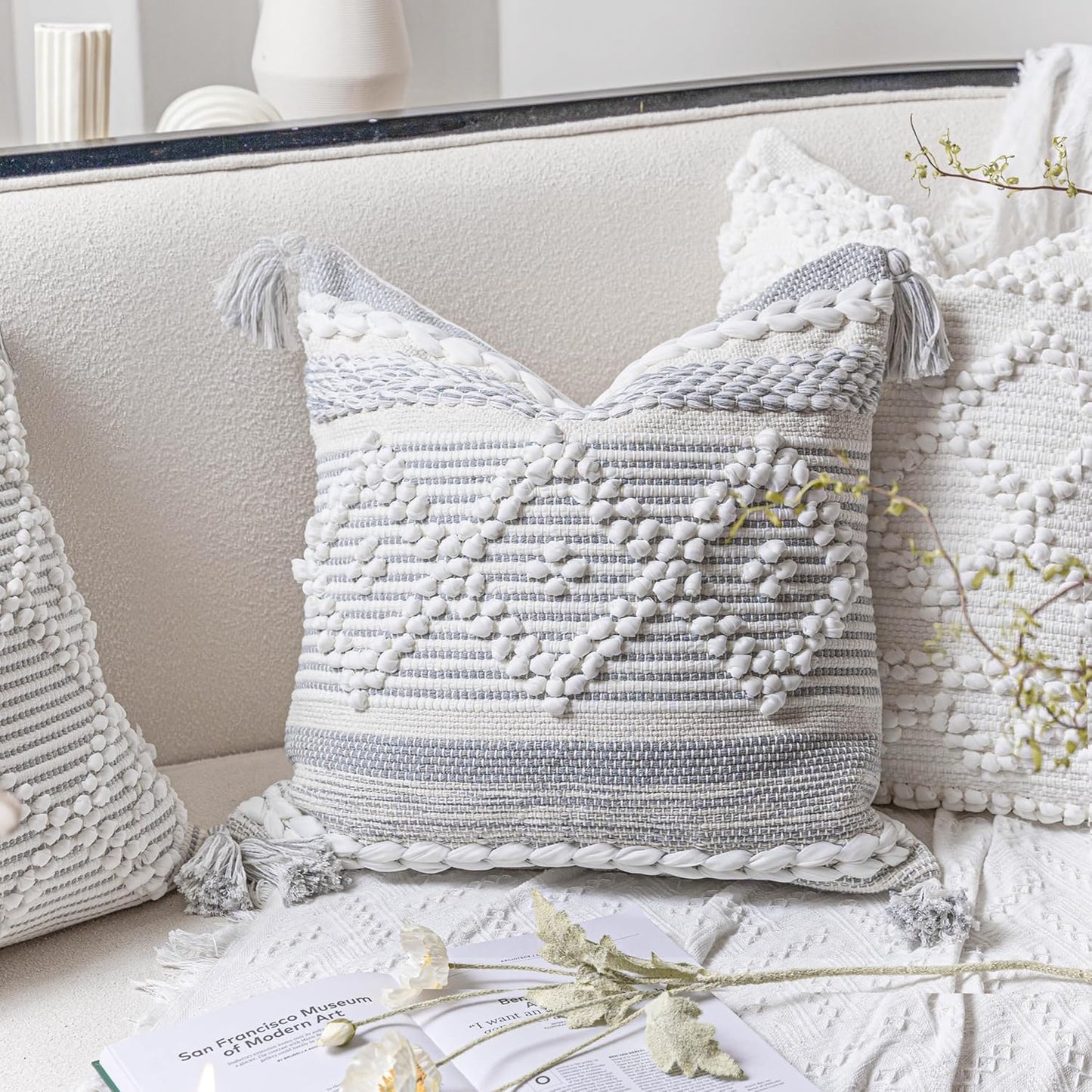 BlissBlush Gray Boho Throw Pillow Cover 22X22, Woven Textured Accent Pillow Cover, Sofa Couch Bed Farmhouse Pillow with Tassels (Cover ONLY)