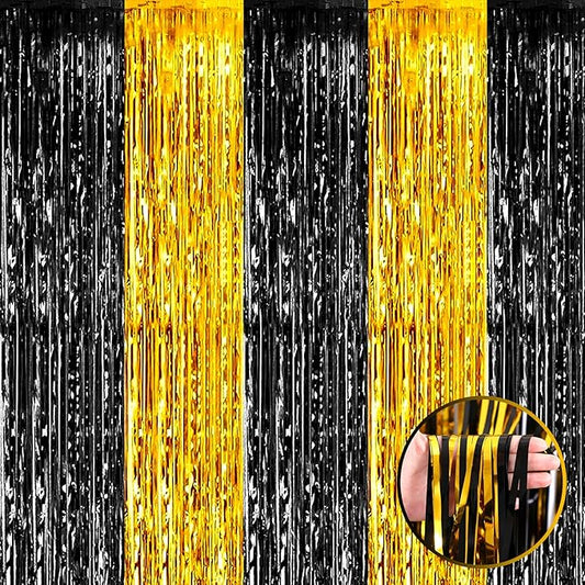 4 Pack Black Gold Foil Fringe Curtain Backdrop, 3.28Ft x 9.8Ft Metallic Tinsel Foil Fringe Streamers Curtains for Photo Booth, Wedding, Graduation, Birthday, Carnival Party Decoration