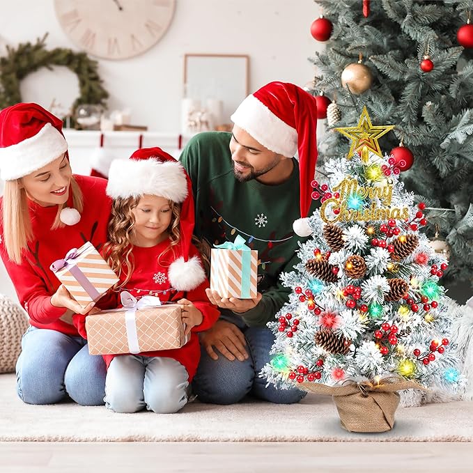 24 Inch Tabletop Christmas Tree with Colorful LED Lights, Snow Flocked Mini Xmas Tree with Ornaments, Pinecones, Berries, Burlap Pot Base, Battery Powered for Holiday Decor Office, Indoor Display