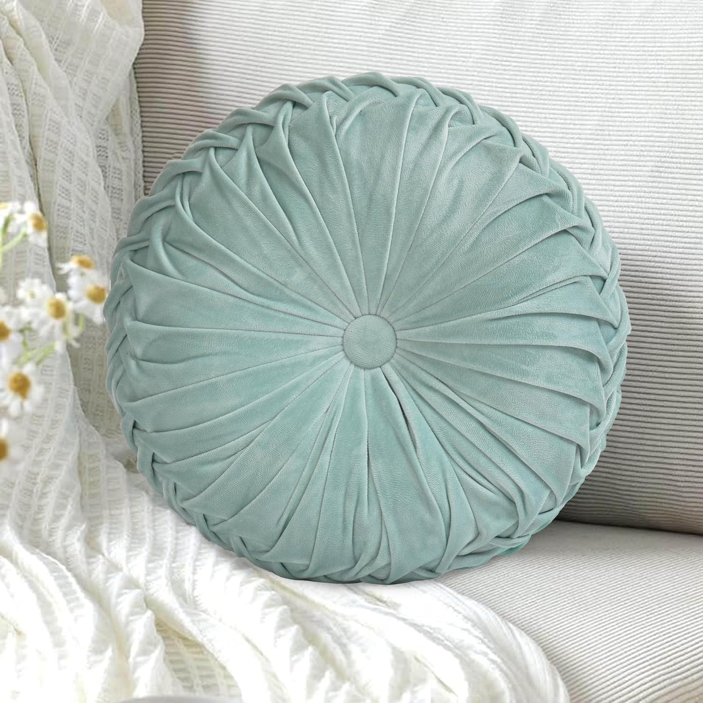 HIG Set of 2 Aqua Ruched Velvet Round Throw Pillows – 14.5’’ Decorative Pillows with Soft Polyester Filling for Couch, Bed, Living Room, Bedroom, or Dorm – Handmade, Stress Relieving, All-Season