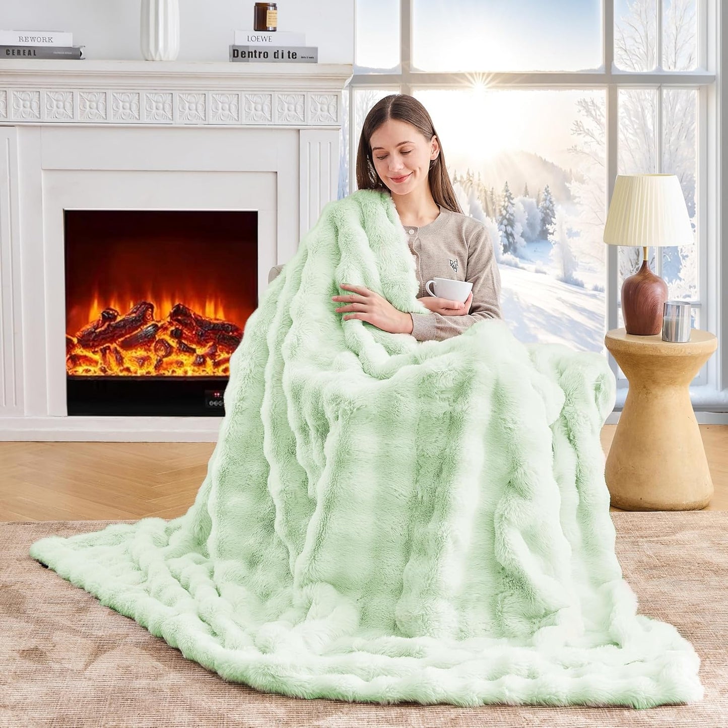 Luxury Faux Rabbit Fur Throw Blanket, Soft Bubble Fluffy Blanket Cozy Fuzzy Throw Blankets for Bed Sofa Couch, Decorative Thick Warm Plush Fuzzy Elegant Soft Mink Blanket (50" x 60", Green)