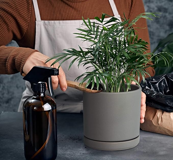 D'vine Dev 6 Inch Ceramic Planter Pot with Drainage Hole and Saucer, Indoor Cylinder Round Flower Pot, Grey, 94-O-C-3