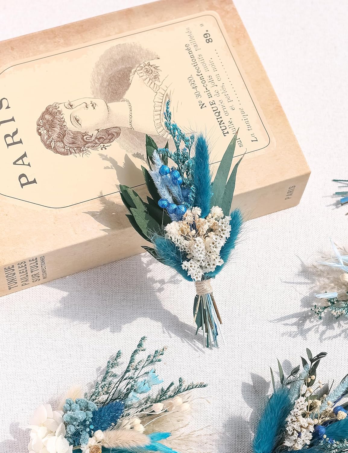 Mini Dried Flower Bouquets (Pack of 6), Blue DriedFlower Bouquets, Groomsmen and Groomsmen Boutonnieres, Dried Cake Flowers, Wall Decorations, Dried Card Flowers. (Grey Blue)