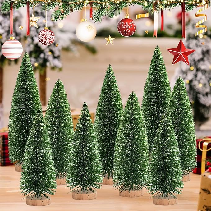 12 Pcs Mini Christmas Tree, Tabletop Christmas Tree with Wooden Bases Artificial Mini Tree with 3 Sizes Christmas Table Decor Bottle Brush Trees for Christmas Decorations (Green Glitter)
