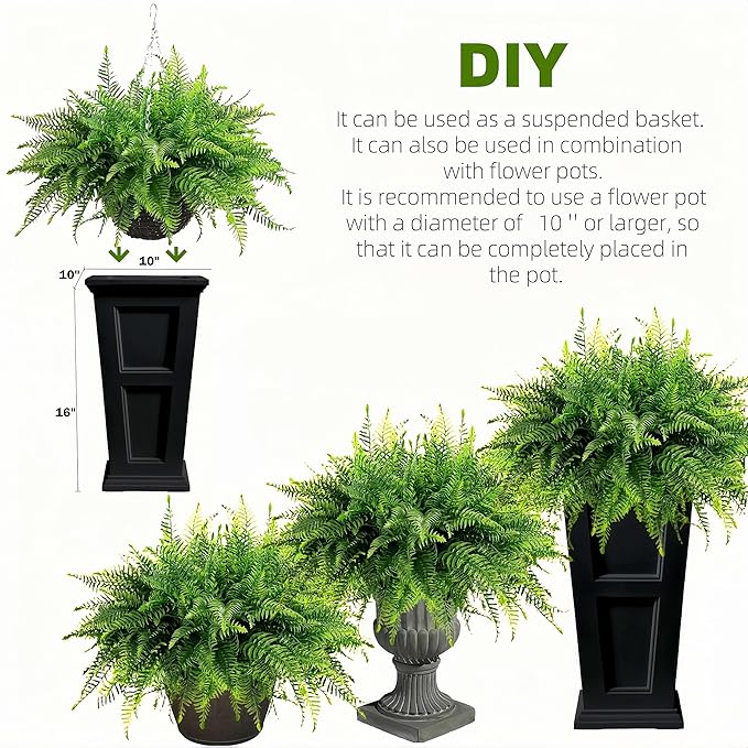 QIANYUN Fake Fern Outdoor Artificial Plants-2-Pack Artificial Outdoor Hanging Fern Faux Greenery UV Resistant Plastic Plants for Front Porch Living Room Garden Decor- Including Hanging Planters