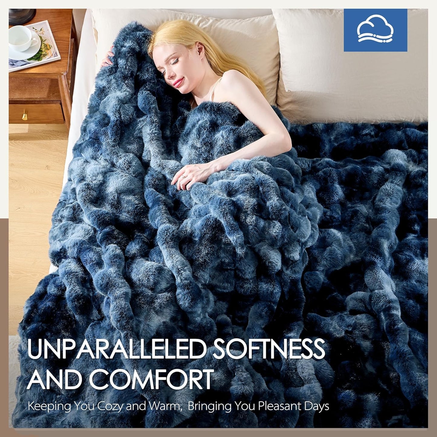 Luxury 1000GSM Faux Rabbit Fur Throw Blanket, Super Heavy Warm Cozy Blankets for Couch Bed Sofa, Bubble Plush Fuzzy Elegant Soft Reversible Mink Blanket for Living Room Bedroom, Tie-dye Blue