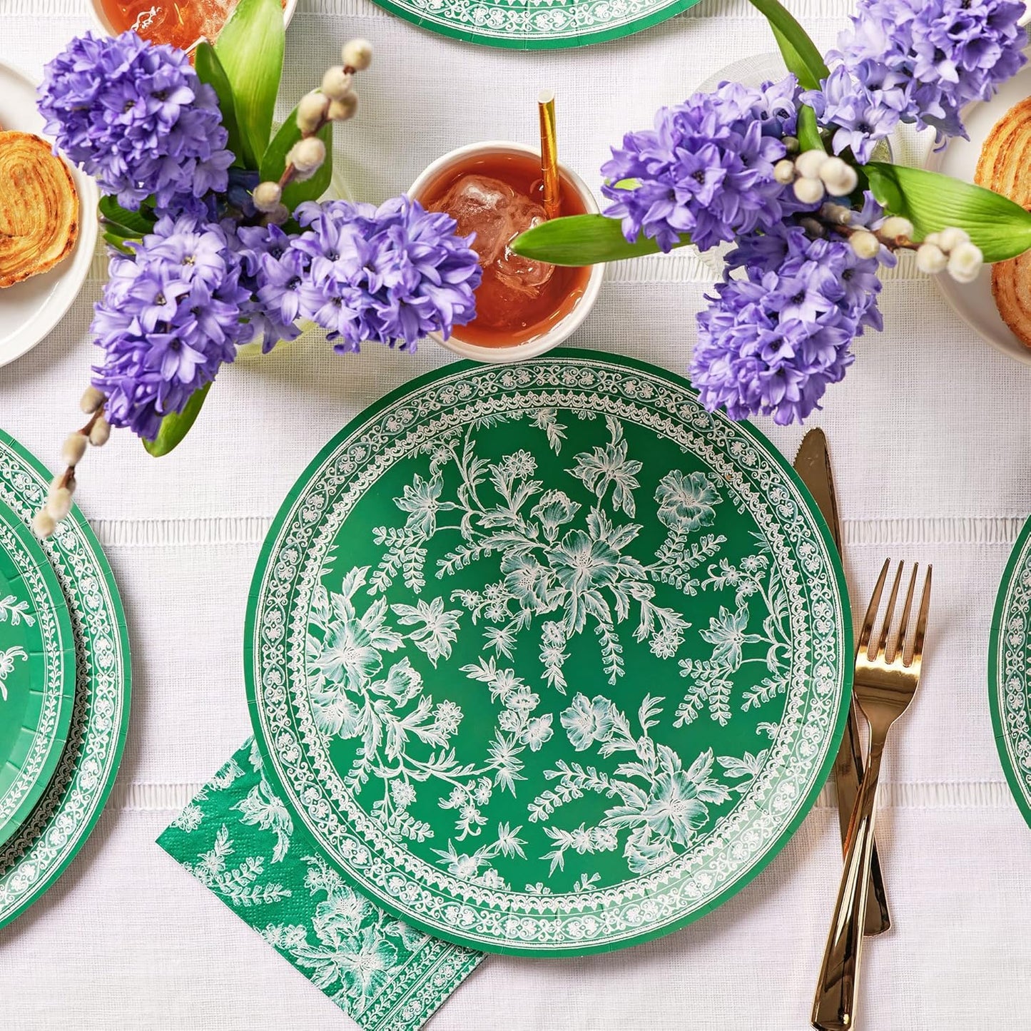 Coterie Emerald Green Floral Paper Plates (Set of 10 Large Plates) - Party Plates For Bridal and Baby Shower, Garden Party, Birthday Party - Green Toile Floral Paper Plates | 9.25” Fancy Paper Plates