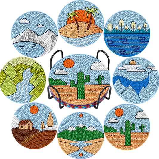 DOZEEZOP 8 PCS Diamond Art Coasters Kit, Diamond Painting Coasters, Fall Diamond Art Kits for Adults Beginners of All Ages, Gem Painting Kit for Kids Arts and Crafts Landscape