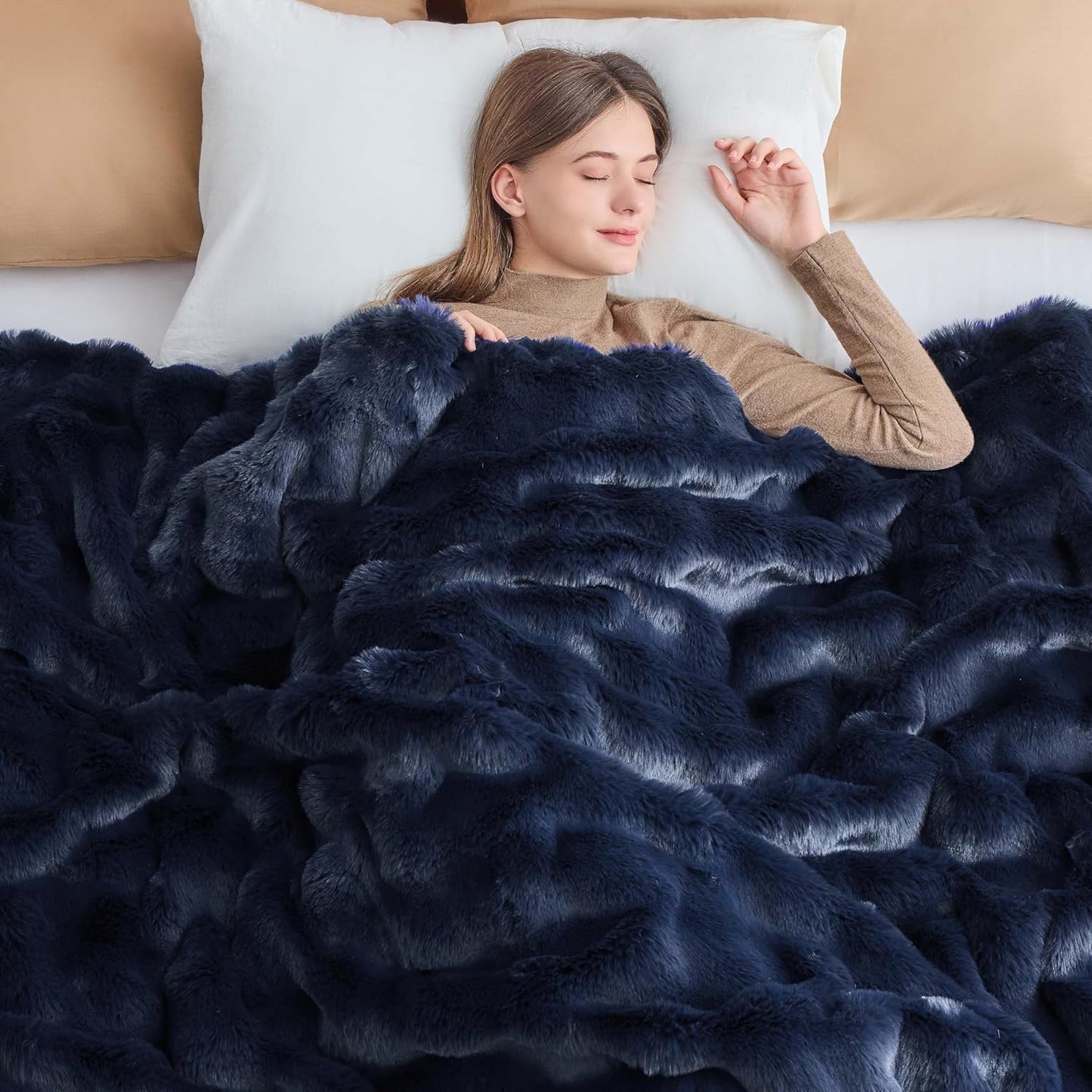 Luxury Faux Rabbit Fur Throw Blanket, Soft Bubble Fluffy Blanket Cozy Fuzzy Throw Blankets for Bed Sofa Couch, Decorative Thick Warm Plush Fuzzy Elegant Soft Mink Blanket (60" x 80", Blue)