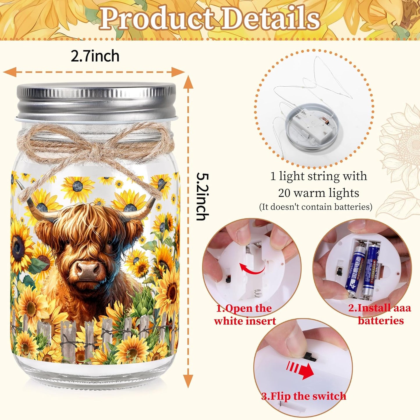Highland Cow Gifts Highland Cow Decor Themed Gifts for Cows Lovers Birthday Christmas Gifts for Women Friend Mason Jar Night Light