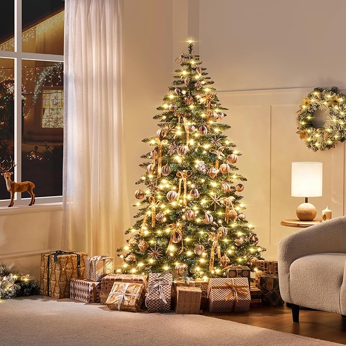 Yaheetech 6ft Pre-Lit Christmas Fir Tree with 400 Warm LED Lights & 940 PVC Tips,Hinged Holiday Decorative Tree with Foldable Stand & Protective Foot Caps,Green