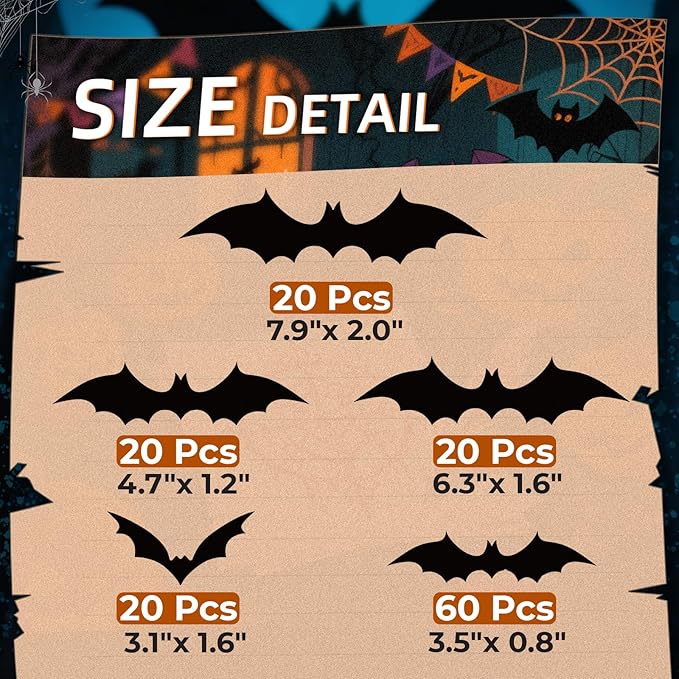 140Pcs Bats Halloween Decor, Spooky Halloween Party Supplies Stickers, 3D Bats Wall Decal, Cute Halloween Decorations Indoor for Bedroom, Bathroom, Home, Door, Window, Office