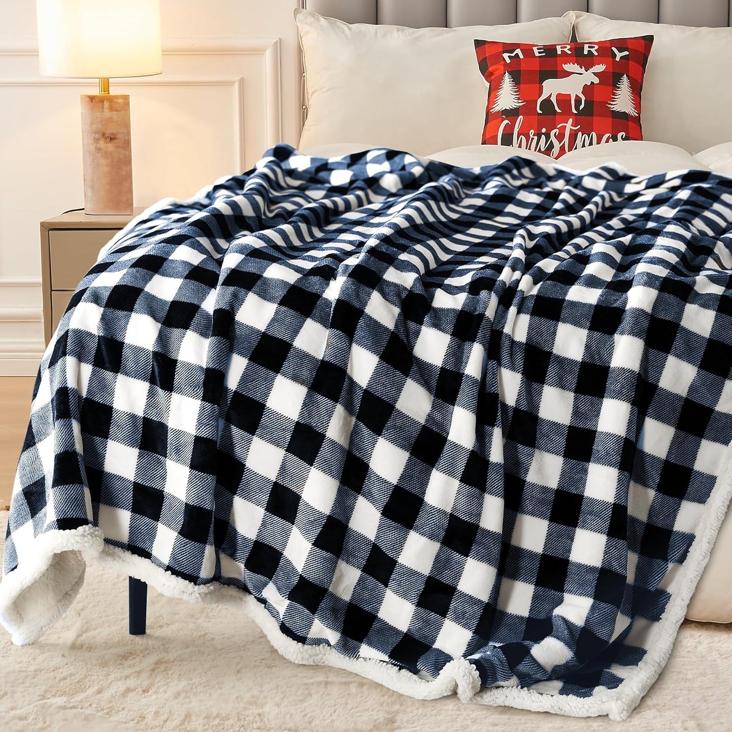 BEAUTEX Sherpa Fleece Blanket Twin Size, Super Soft Warm Buffalo Plaid Plush Gig Blankets, Lightweight Cozy Fuzzy Blanket for Couch Sofa Bed (NavyBlue, 60" x 80")
