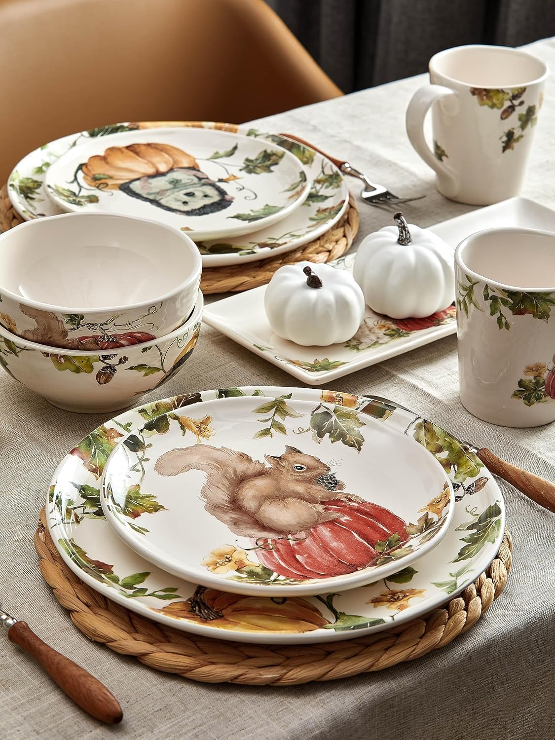 Bico Woodland Critters Ceramic Salad Plates, 8.75 inch, Set of 4, for Salad, Appetizer, Microwave & Dishwasher Safe