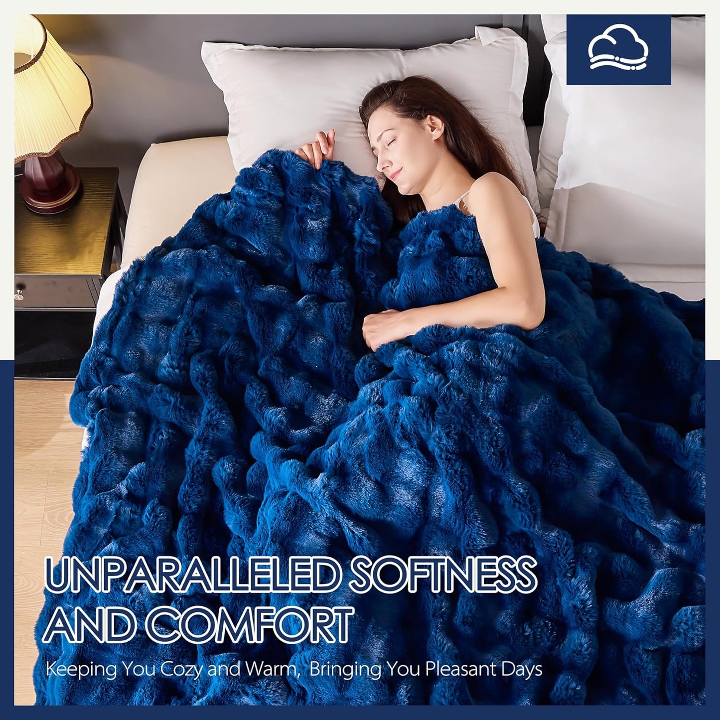 Luxury 1000GSM Faux Rabbit Fur Throw Blanket, Super Heavy Warm Cozy Blankets for Couch Bed Sofa, Bubble Plush Fuzzy Elegant Soft Reversible Mink Blanket for Living Room Bedroom, Navy Blue