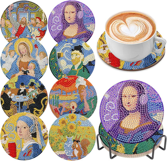 DOZEEZOP 8 PCS Abstract Diamond Art Coasters Kit, 5D Diamond Painting Coasters with Holder, Fall Small Diamond Art Kits for Adults Beginners, Diamond Dots Arts and Crafts Supplies