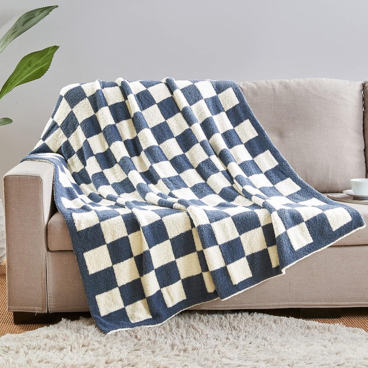 CozeCube Super Soft Fullfy Microfiber Reversible Knitted Blankets, Warm Cozy Fuzzy Plush Throw, Dusty Blue and White Checkered Throw Blanket for Couch Bed Sofa, 50" x 60"