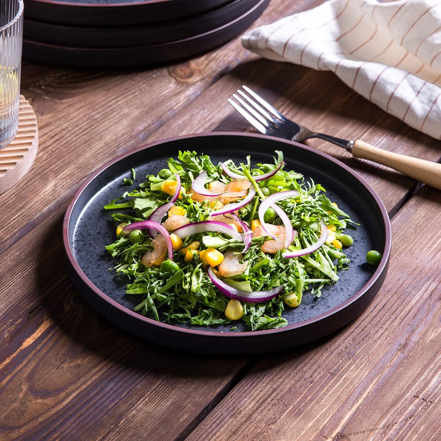 LERATIO Salad Plates,8.0 inch ceramic plates,Ceramic Salad Plates Set of 6,Modern Shape Dinnerware Dishes Set for Kitchen, Microwave & Dishwasher & Oven Safe,Matte Black with coffee rim