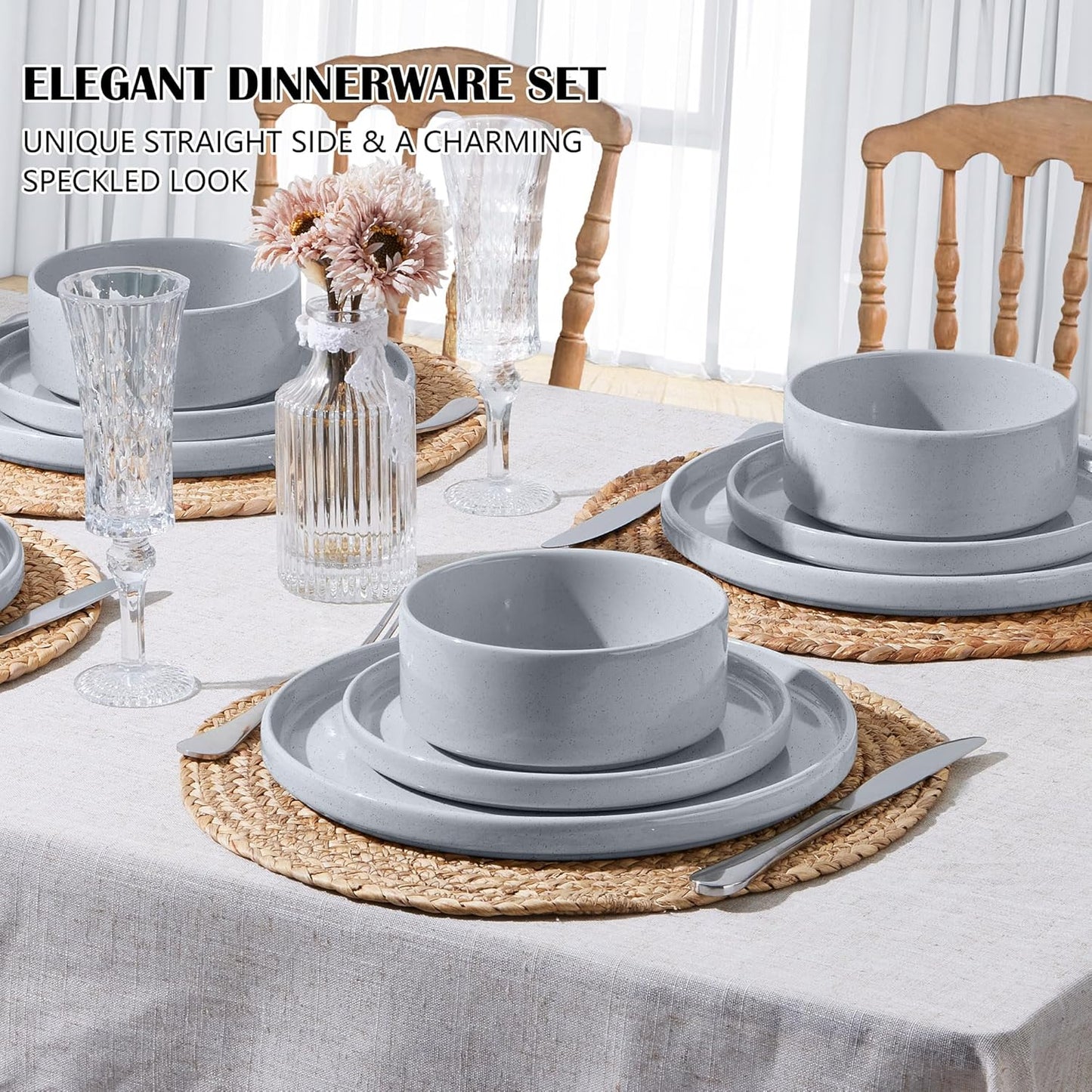 E-far Stoneware Dinnerware Sets, 12-Piece Plates and Bowls Dish Set for 4, Kitchen Modern Dinning Ware, Chip and Scratch Resistant, Microwave & Dishwasher Safe, Speckled Gray