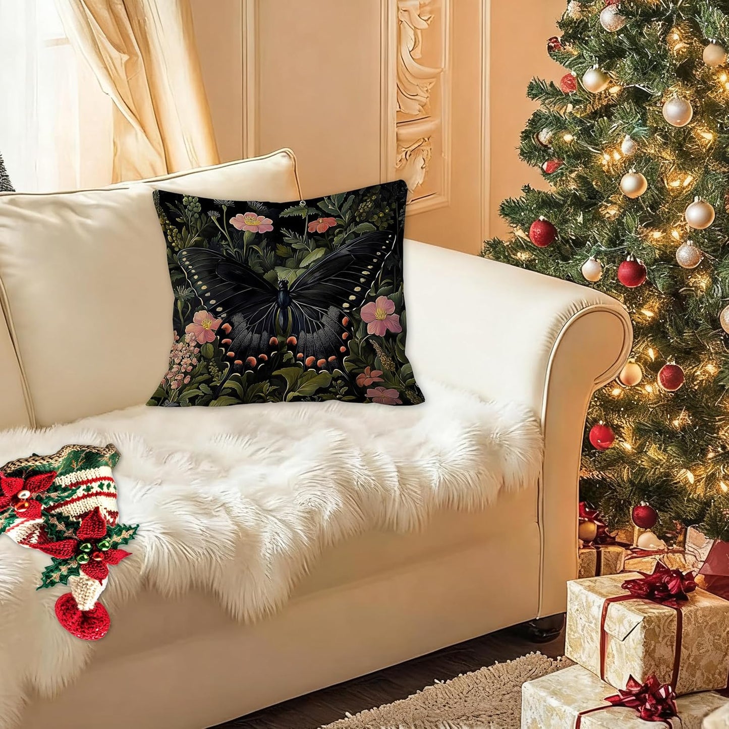 Floral Black Butterfly Pillow Covers 18x18, Dark Cottagecore Wildflower Botanical Moth Decorative Throw Pillow Covers for Bedroom Living Room Home, Butterfly Room Decor