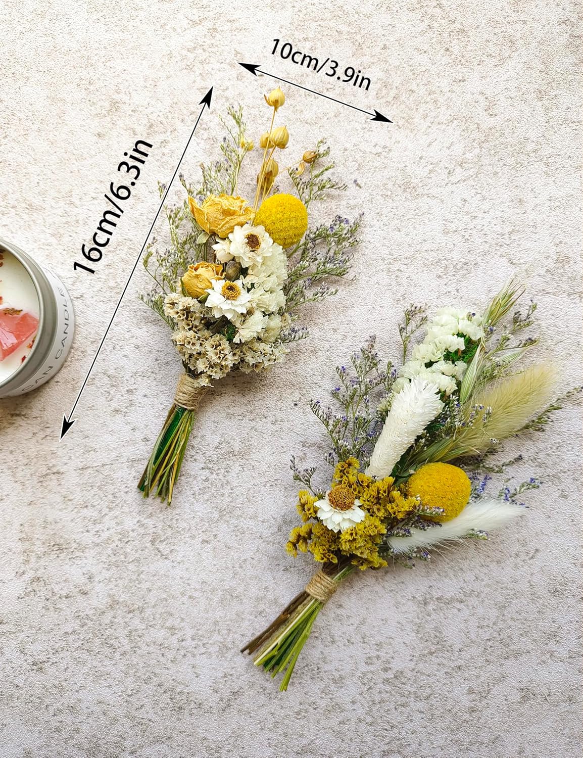 Mini Dried Flower Bouquets (Pack of 6), Dried Flower Bouquets for Card and Wedding Favour Box fillers, boutonnieres for Groomsmen and Groomsmen, Dried Cake Flowers(Yellow)