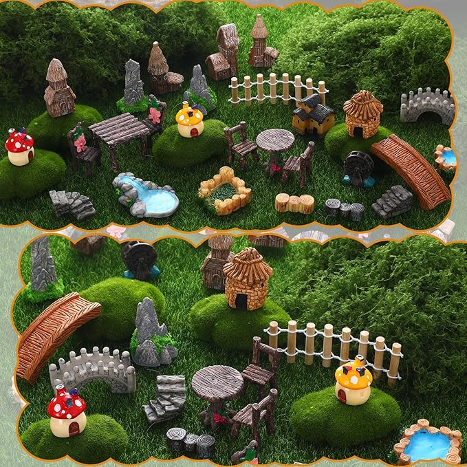 32 Pcs Fairy Garden Accessories - Miniature Garden Kit Landscape Decorations Table and Chairs Set Fairy Garden Furniture Ornaments Bridge House Moss for Terrarium Potted Plants, Dollhouse & Outdoor