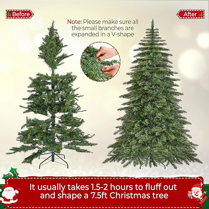 Yaheetech 7.5ft Pre-Lit Christmas Fir Tree with 550 Warm LED Lights & 1278 PVC Tips,Hinged Holiday Decorative Tree with Foldable Stand & Protective Foot Caps,Green
